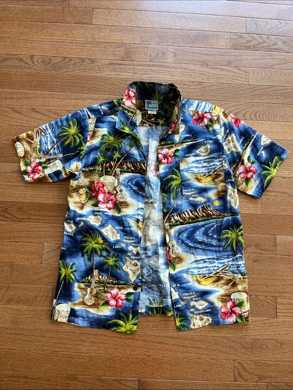 Vintage Boys Blue Tropical Hawaiian Button-Down Shirt with Floral Print